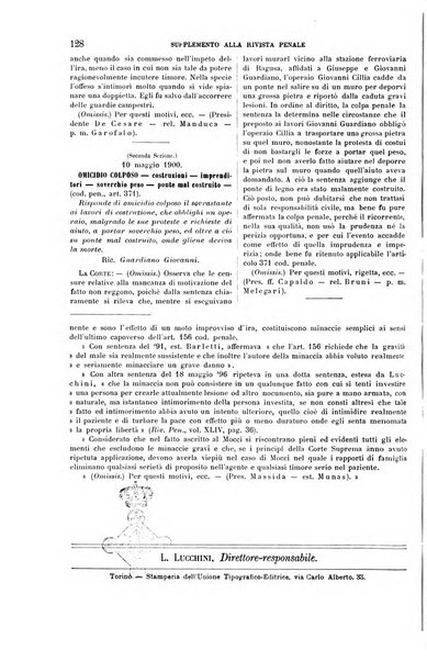 Studi e giudicati illustrativi del codice penale italiano supplemento alla Rivista Penale