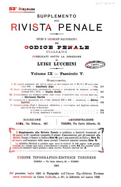 Studi e giudicati illustrativi del codice penale italiano supplemento alla Rivista Penale