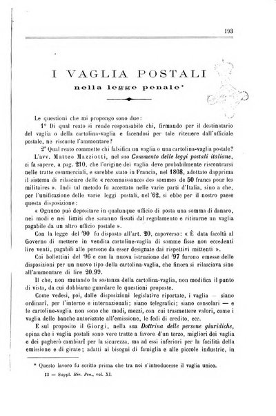 Studi e giudicati illustrativi del codice penale italiano supplemento alla Rivista Penale