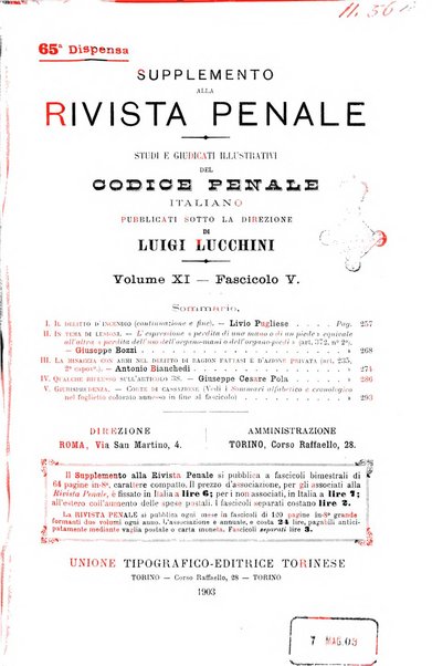 Studi e giudicati illustrativi del codice penale italiano supplemento alla Rivista Penale