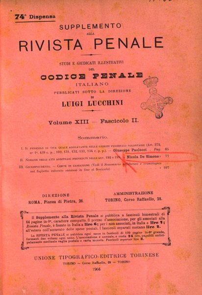 Studi e giudicati illustrativi del codice penale italiano supplemento alla Rivista Penale