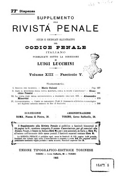 Studi e giudicati illustrativi del codice penale italiano supplemento alla Rivista Penale