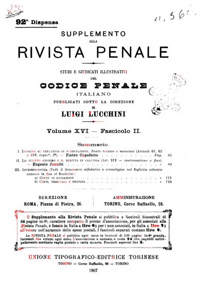 Studi e giudicati illustrativi del codice penale italiano supplemento alla Rivista Penale