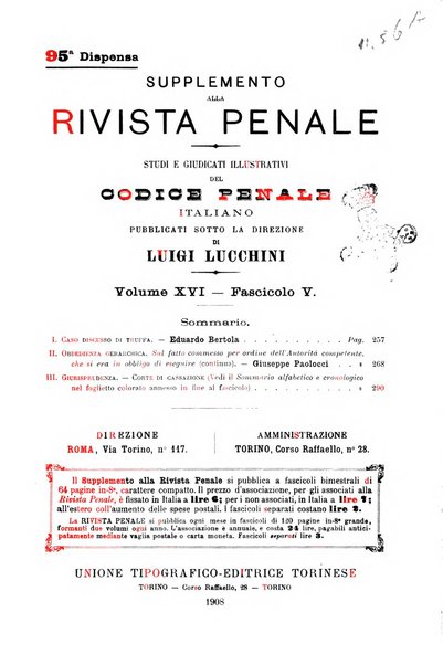 Studi e giudicati illustrativi del codice penale italiano supplemento alla Rivista Penale