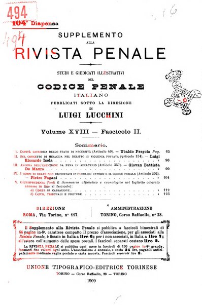 Studi e giudicati illustrativi del codice penale italiano supplemento alla Rivista Penale