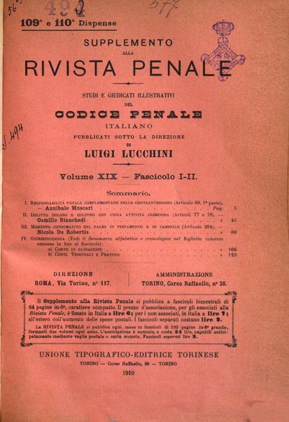 Studi e giudicati illustrativi del codice penale italiano supplemento alla Rivista Penale