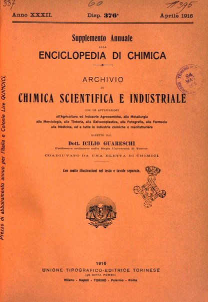 Supplemento annuale alla Enciclopedia di chimica scientifica e industriale colle applicazioni all'agricoltura ed industrie agronomiche ...