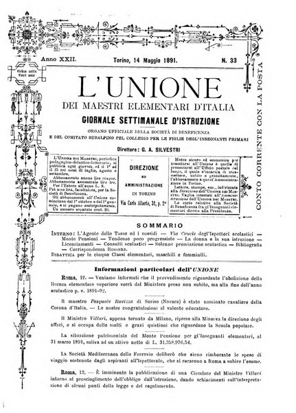 L'unione giornaletto didattico-politico degl'insegnanti primari d'Italia