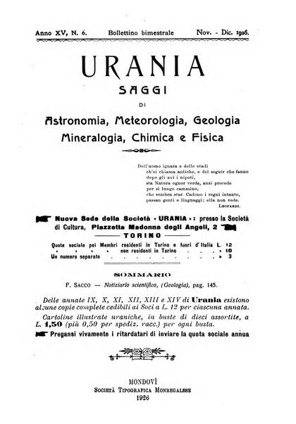 Urania saggi di astronomia popolare e scienze affini