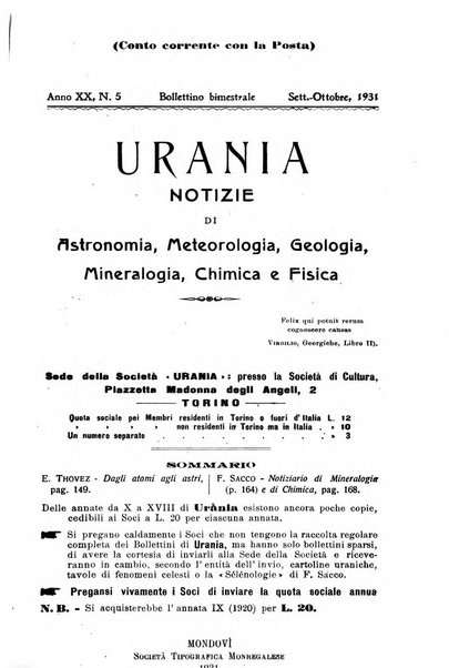 Urania saggi di astronomia popolare e scienze affini