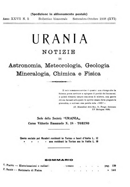 Urania saggi di astronomia popolare e scienze affini