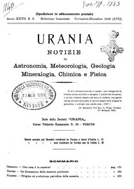 Urania saggi di astronomia popolare e scienze affini