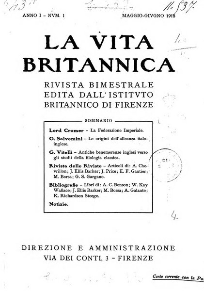 La vita britannica rivista bimestrale edita dall'Istituto britannico di Firenze