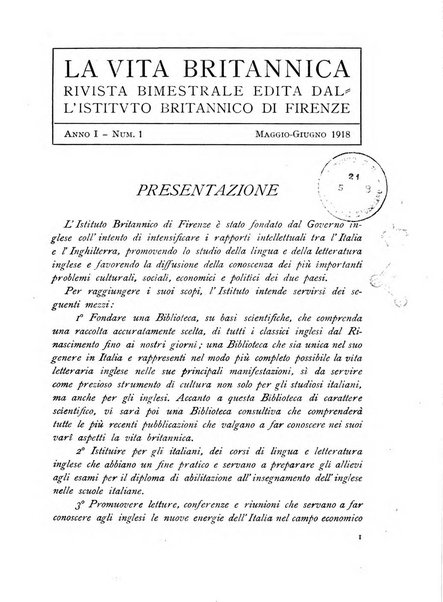 La vita britannica rivista bimestrale edita dall'Istituto britannico di Firenze