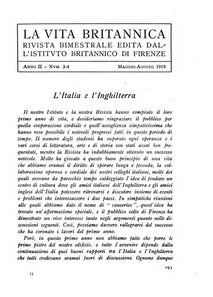 La vita britannica rivista bimestrale edita dall'Istituto britannico di Firenze