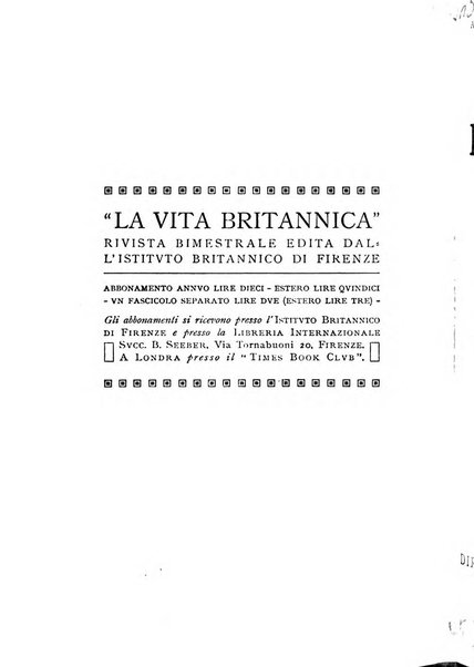 La vita britannica rivista bimestrale edita dall'Istituto britannico di Firenze