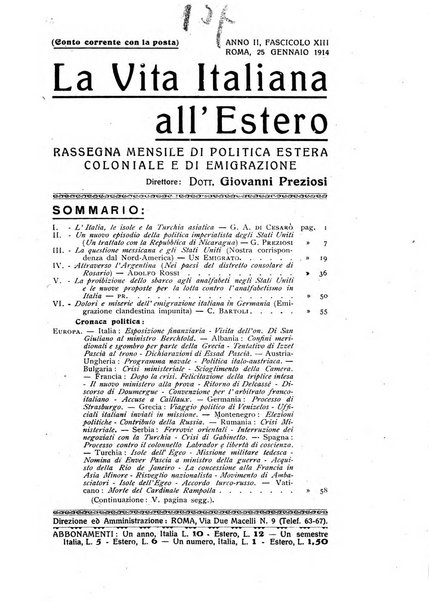 La vita italiana all'estero rivista mensile di emigrazione, politica estera e coloniale.- A. 1, fasc. 1 (gen. 1913)-a. 3, fasc. 30 (giu. 1915)