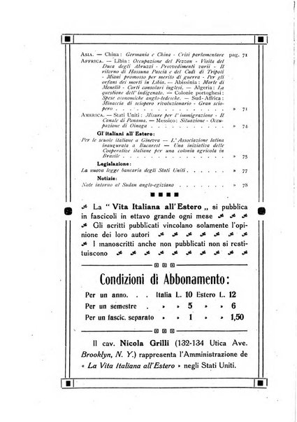 La vita italiana all'estero rivista mensile di emigrazione, politica estera e coloniale.- A. 1, fasc. 1 (gen. 1913)-a. 3, fasc. 30 (giu. 1915)