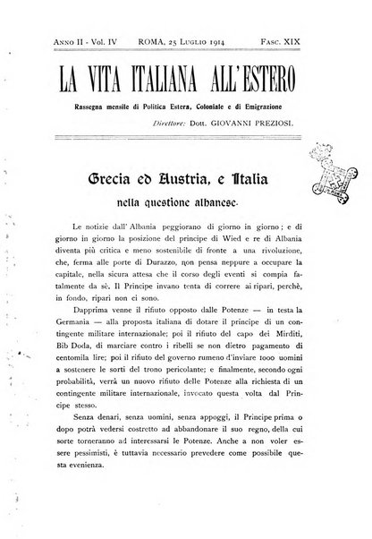 La vita italiana all'estero rivista mensile di emigrazione, politica estera e coloniale.- A. 1, fasc. 1 (gen. 1913)-a. 3, fasc. 30 (giu. 1915)