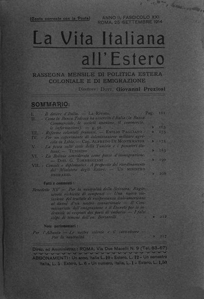 La vita italiana all'estero rivista mensile di emigrazione, politica estera e coloniale.- A. 1, fasc. 1 (gen. 1913)-a. 3, fasc. 30 (giu. 1915)