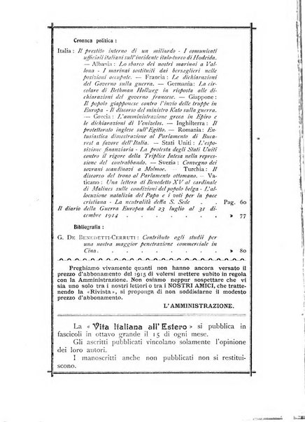 La vita italiana all'estero rivista mensile di emigrazione, politica estera e coloniale.- A. 1, fasc. 1 (gen. 1913)-a. 3, fasc. 30 (giu. 1915)