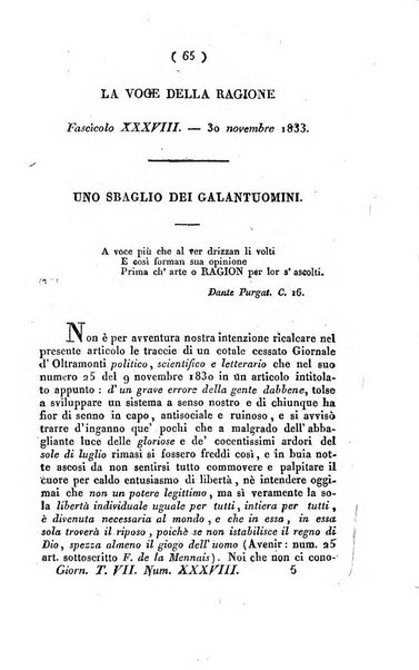 La voce della ragione giornale filosofico, teologico, politico, istorico e letterario