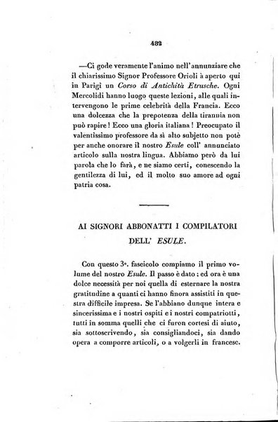 L'esule giornale di letteratura italiana antica e moderna