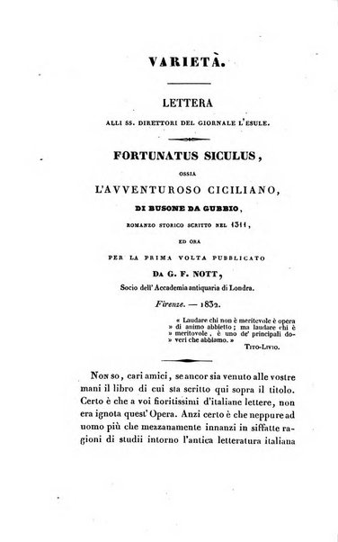 L'esule giornale di letteratura italiana antica e moderna