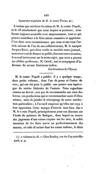 L'esule giornale di letteratura italiana antica e moderna