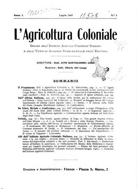 L'agricoltura coloniale organo dell'Istituto agricolo coloniale italiano e dell'Ufficio agrario sperimentale dell'Eritrea