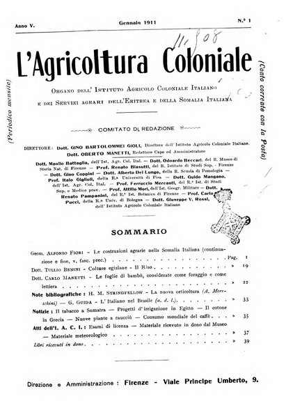 L'agricoltura coloniale organo dell'Istituto agricolo coloniale italiano e dell'Ufficio agrario sperimentale dell'Eritrea