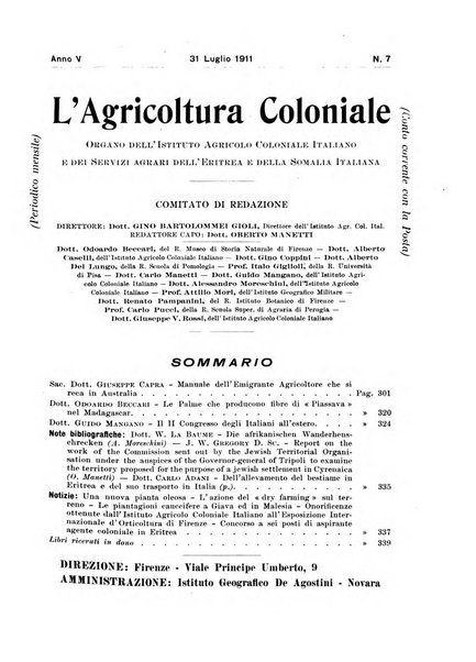 L'agricoltura coloniale organo dell'Istituto agricolo coloniale italiano e dell'Ufficio agrario sperimentale dell'Eritrea