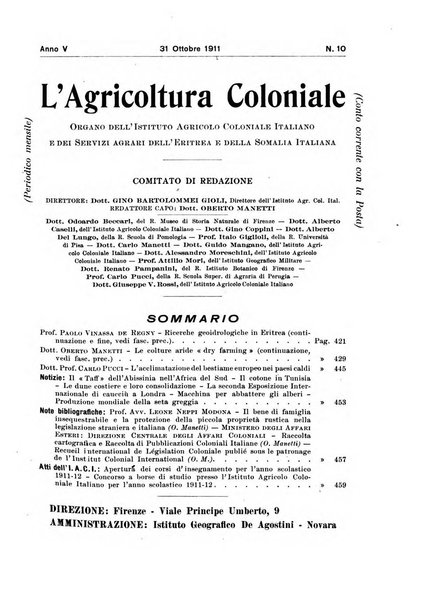 L'agricoltura coloniale organo dell'Istituto agricolo coloniale italiano e dell'Ufficio agrario sperimentale dell'Eritrea