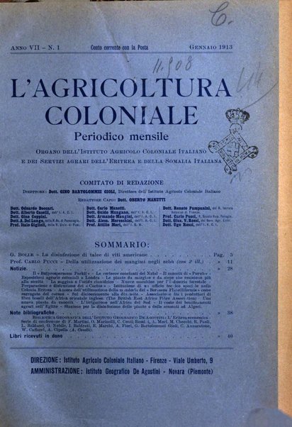 L'agricoltura coloniale organo dell'Istituto agricolo coloniale italiano e dell'Ufficio agrario sperimentale dell'Eritrea