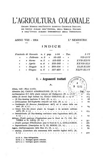 L'agricoltura coloniale organo dell'Istituto agricolo coloniale italiano e dell'Ufficio agrario sperimentale dell'Eritrea