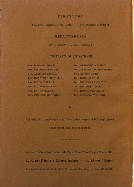 L'agricoltura coloniale organo dell'Istituto agricolo coloniale italiano e dell'Ufficio agrario sperimentale dell'Eritrea