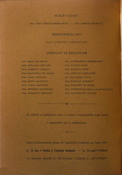 L'agricoltura coloniale organo dell'Istituto agricolo coloniale italiano e dell'Ufficio agrario sperimentale dell'Eritrea