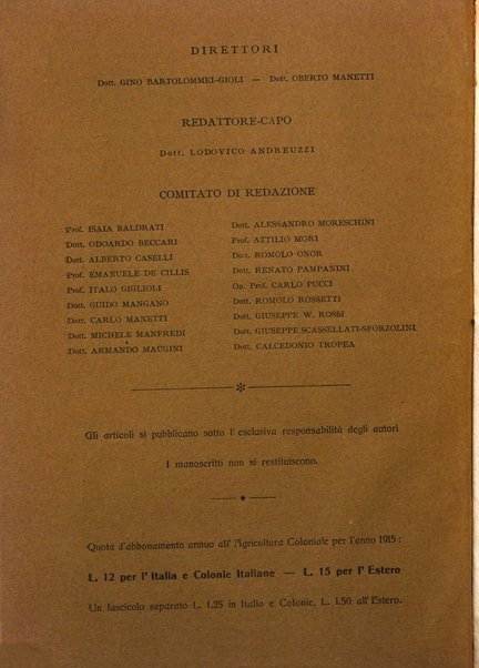 L'agricoltura coloniale organo dell'Istituto agricolo coloniale italiano e dell'Ufficio agrario sperimentale dell'Eritrea