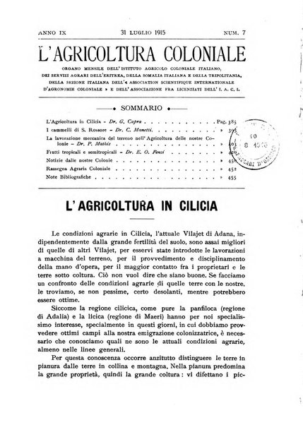 L'agricoltura coloniale organo dell'Istituto agricolo coloniale italiano e dell'Ufficio agrario sperimentale dell'Eritrea