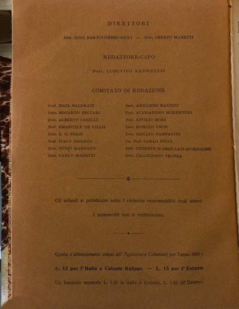 L'agricoltura coloniale organo dell'Istituto agricolo coloniale italiano e dell'Ufficio agrario sperimentale dell'Eritrea