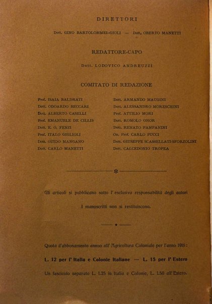 L'agricoltura coloniale organo dell'Istituto agricolo coloniale italiano e dell'Ufficio agrario sperimentale dell'Eritrea