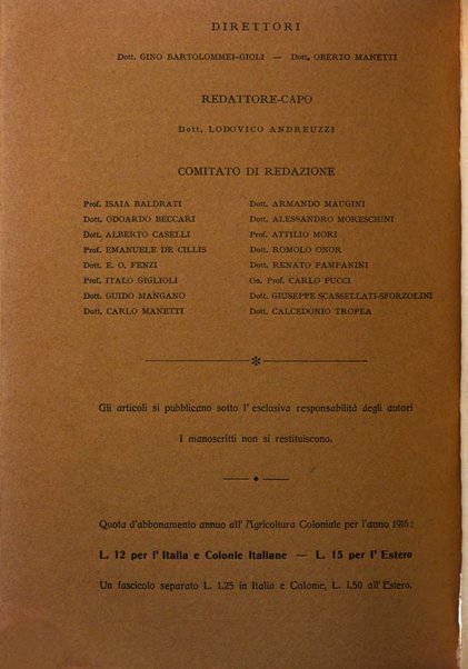 L'agricoltura coloniale organo dell'Istituto agricolo coloniale italiano e dell'Ufficio agrario sperimentale dell'Eritrea