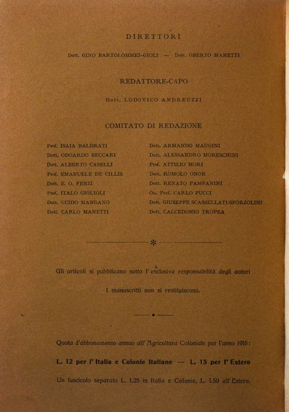 L'agricoltura coloniale organo dell'Istituto agricolo coloniale italiano e dell'Ufficio agrario sperimentale dell'Eritrea