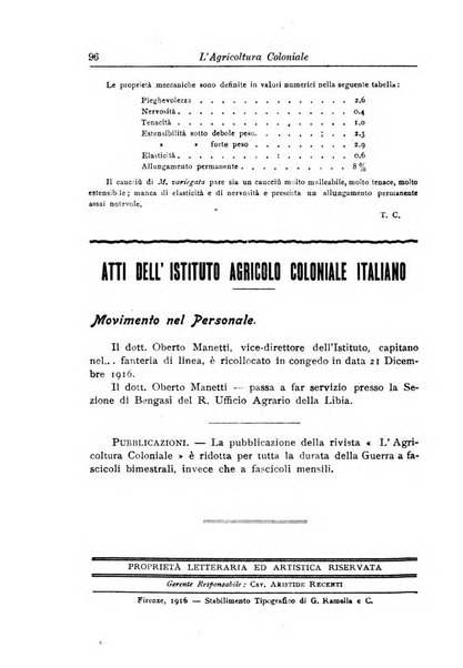 L'agricoltura coloniale organo dell'Istituto agricolo coloniale italiano e dell'Ufficio agrario sperimentale dell'Eritrea