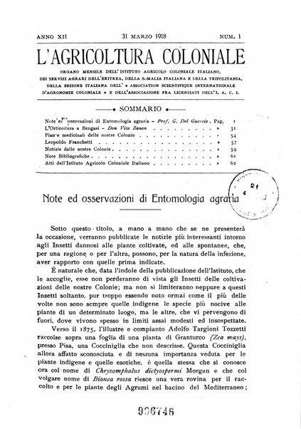 L'agricoltura coloniale organo dell'Istituto agricolo coloniale italiano e dell'Ufficio agrario sperimentale dell'Eritrea