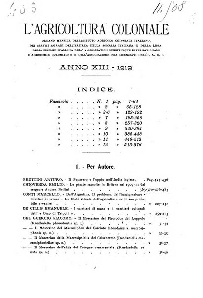 L'agricoltura coloniale organo dell'Istituto agricolo coloniale italiano e dell'Ufficio agrario sperimentale dell'Eritrea