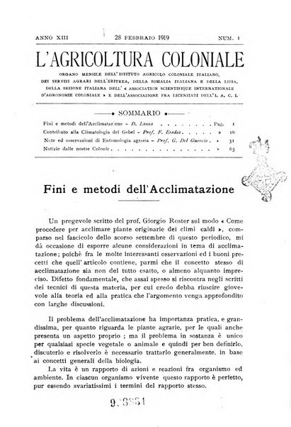 L'agricoltura coloniale organo dell'Istituto agricolo coloniale italiano e dell'Ufficio agrario sperimentale dell'Eritrea