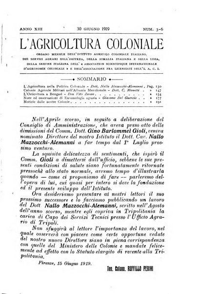 L'agricoltura coloniale organo dell'Istituto agricolo coloniale italiano e dell'Ufficio agrario sperimentale dell'Eritrea