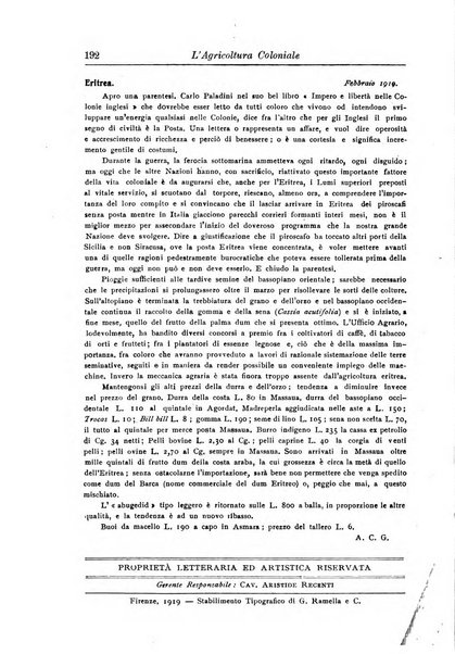 L'agricoltura coloniale organo dell'Istituto agricolo coloniale italiano e dell'Ufficio agrario sperimentale dell'Eritrea