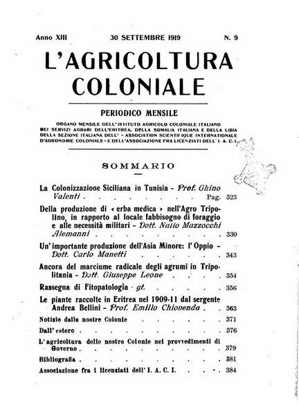 L'agricoltura coloniale organo dell'Istituto agricolo coloniale italiano e dell'Ufficio agrario sperimentale dell'Eritrea